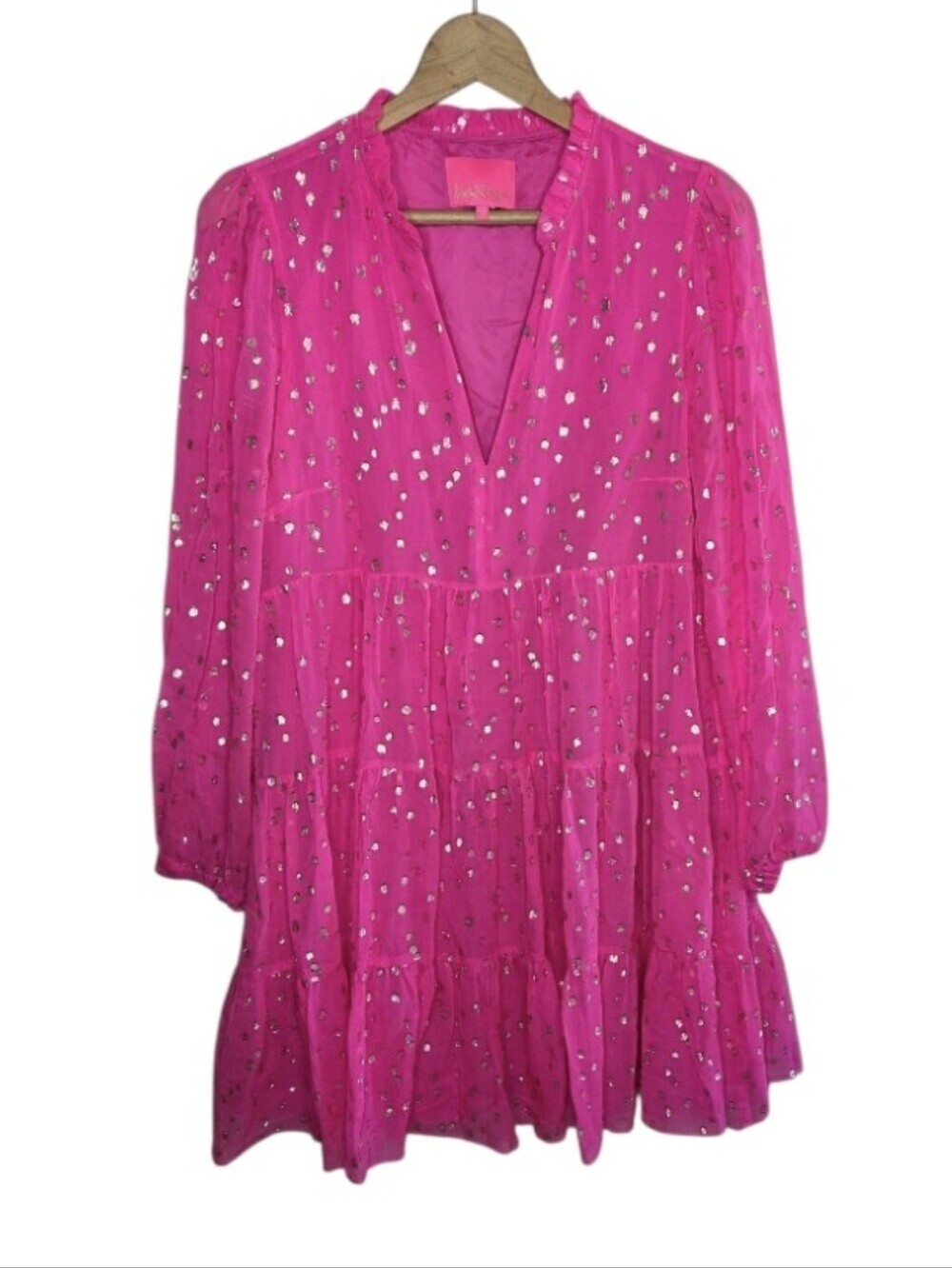 Lilly Pulitzer Pink Gold Metallic Polka Dot Sarita Silk Swing Dress Size 10